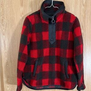 Abercrombie & Fitch Red/ Black Plaid Sherpa Fleece Oversized 1/4 Zip Jacket